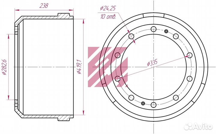 Барабан торм ROR TE 419х180 H238 d282.7 n10x24 M19
