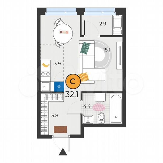 Квартира-студия, 32,1 м², 20/25 эт.