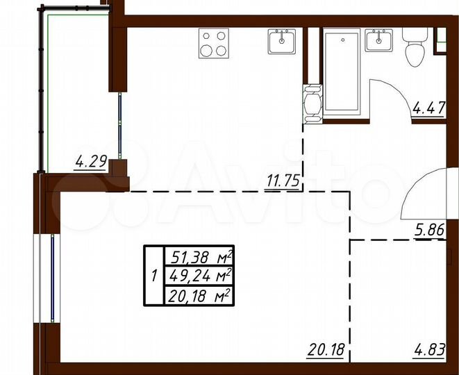 1-к. квартира, 51,4 м², 8/19 эт.