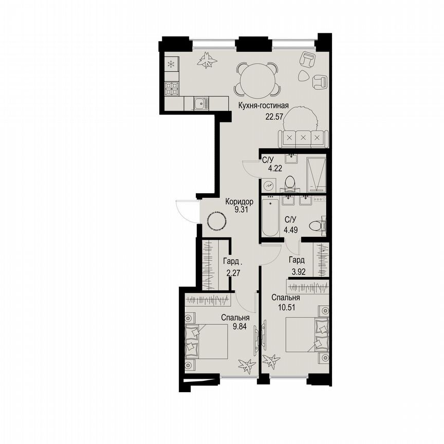 2-к. квартира, 67,1 м², 2/6 эт.