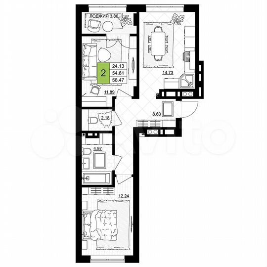 2-к. квартира, 58,5 м², 6/7 эт.