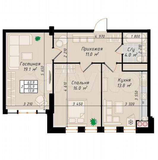 2-к. квартира, 63,9 м², 4/10 эт.