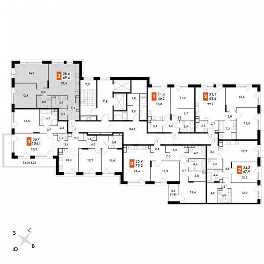 2-к. квартира, 69,4 м², 10/16 эт.