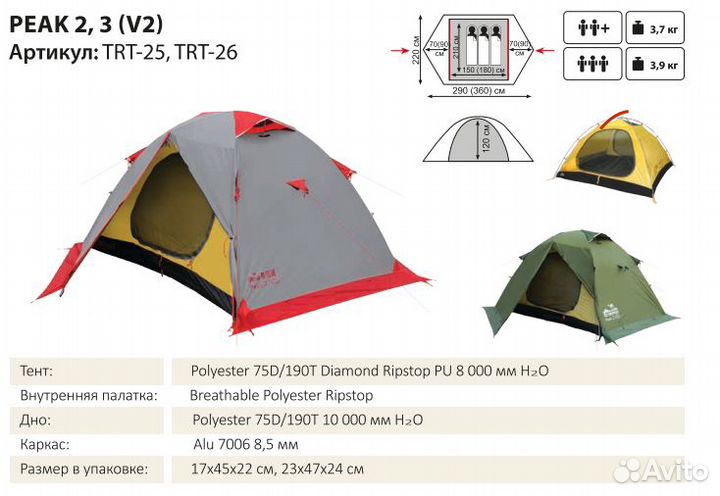Tramp палатка Peak 3 (V2) (зеленая, трехместная)