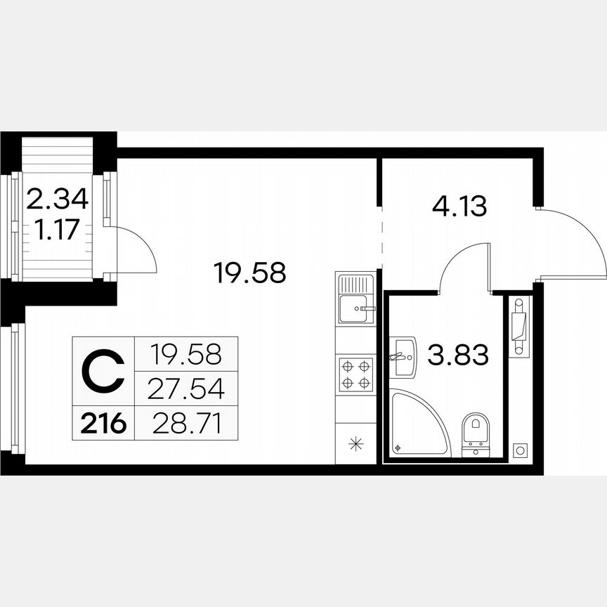 Квартира-студия, 28,7 м², 9/15 эт.