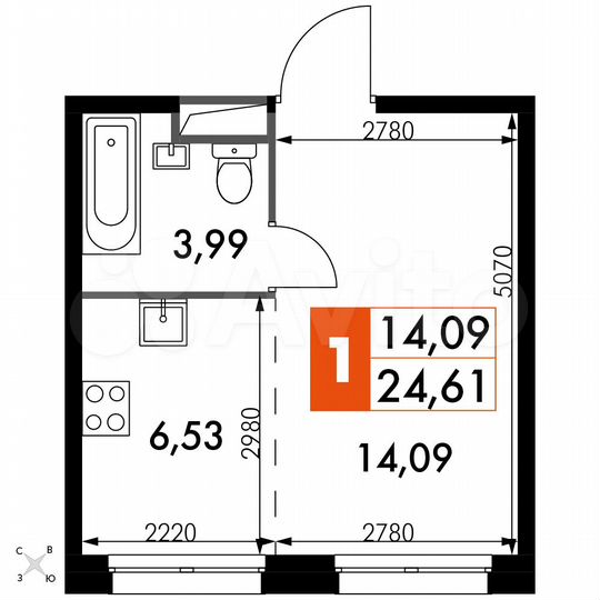 1-к. апартаменты, 24,6 м², 13/15 эт.