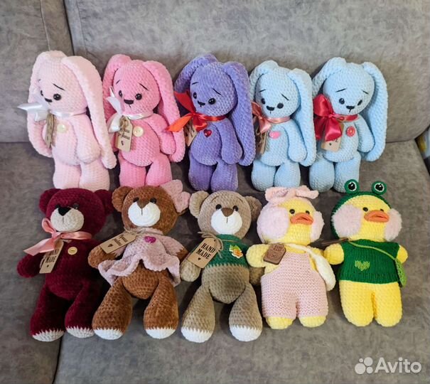 Заяц плюшевый большой, вязаная игрушка, 30-33 см