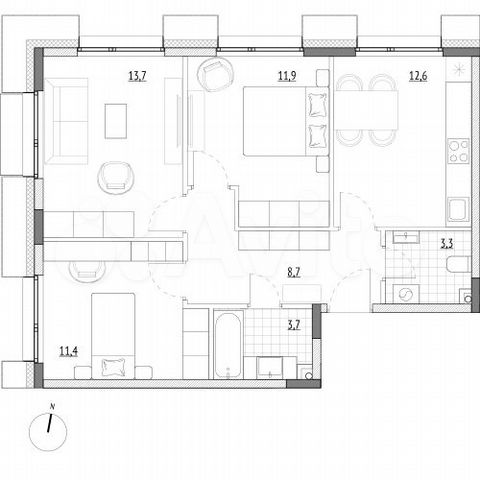 3-к. апартаменты, 65,3 м², 2/7 эт.