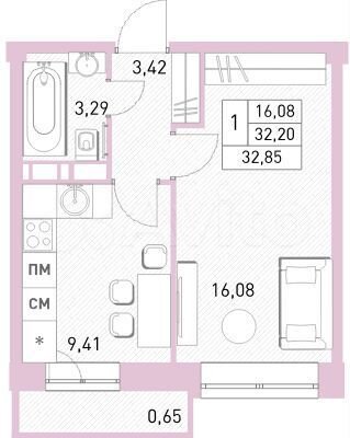 1-к. квартира, 32,9 м², 9/17 эт.