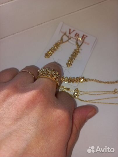 Кольцо комплект серебро золотистый