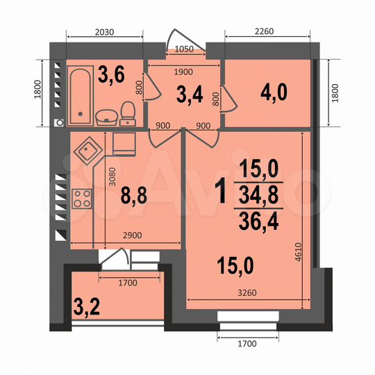 1-к. квартира, 36,4 м², 4/5 эт.