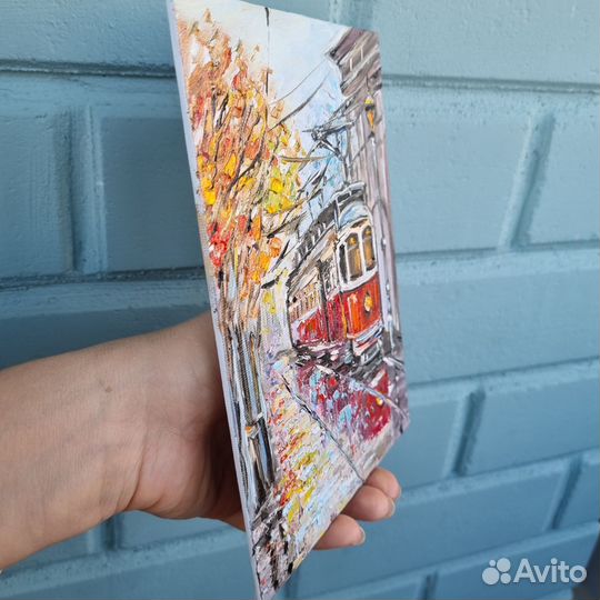 Трамвай картина маслом городской пейзаж живопись