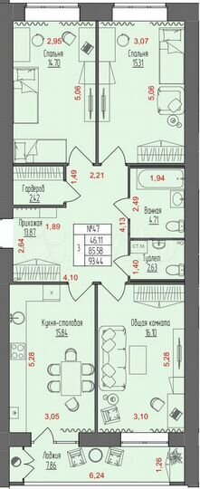 3-к. квартира, 93,4 м², 1/9 эт.