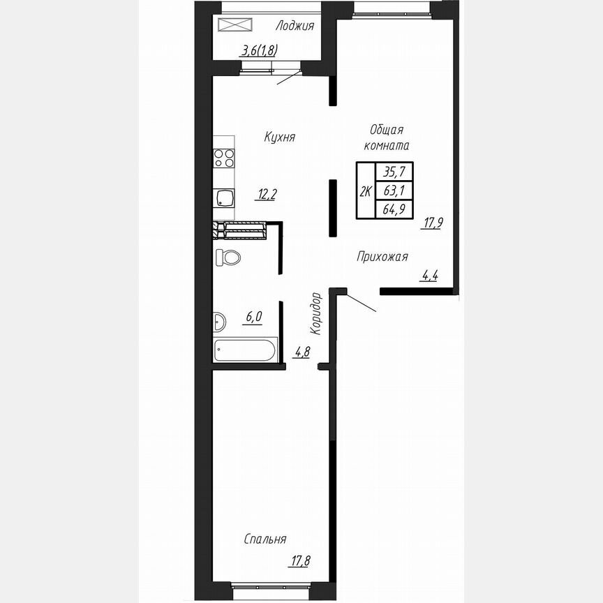 2-к. квартира, 65,1 м², 8/17 эт.