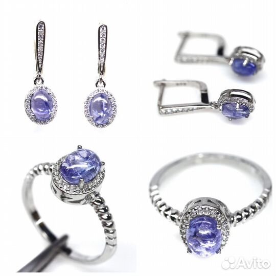 Серьги, кольцо разм.18,0 серебро танзанит С342