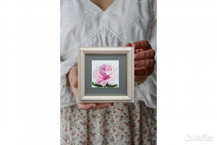 Картина Пионы цветы маслом на холсте 15х15 см