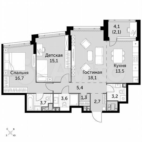 3-к. квартира, 85,4 м², 26/29 эт.