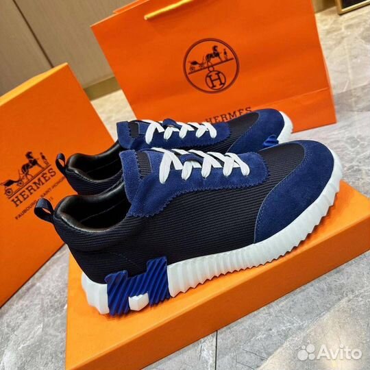 Мужские кроссовки Hermes текстиль замша синие