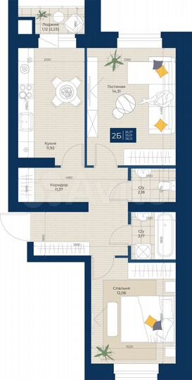 2-к. квартира, 56,1 м², 1/5 эт.