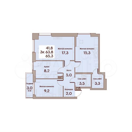 3-к. квартира, 65,3 м², 2/10 эт.