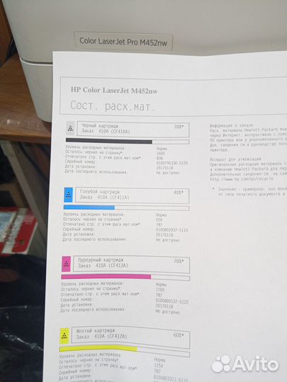 Цветной нр laserjet Pro m452nw пробег 800листов