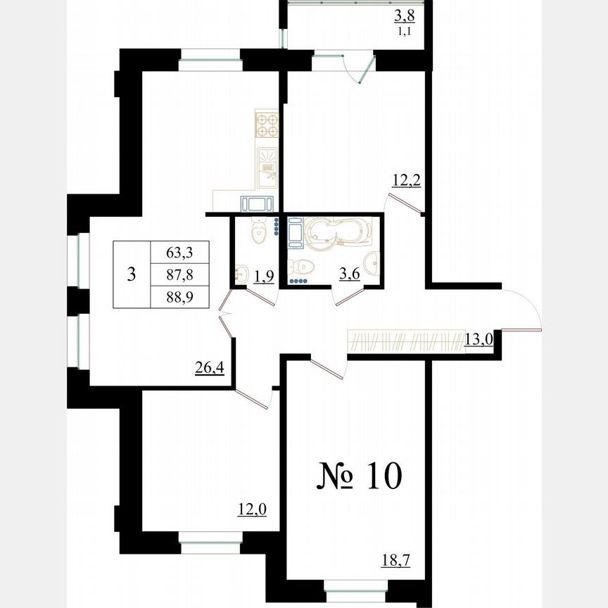 3-к. квартира, 88,9 м², 2/8 эт.