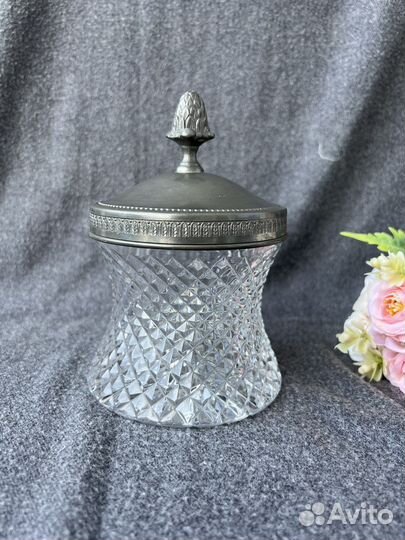Ваза с крышкой, сахарница олово со стеклом