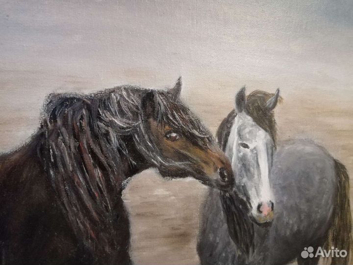Картина маслом на холсте 30* 35см лошади 