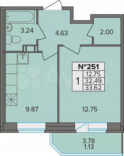 1-к. квартира, 33,6 м², 5/9 эт.