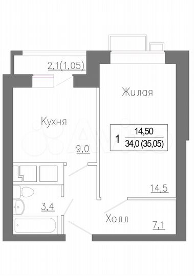 1-к. квартира, 35,1 м², 1/4 эт.