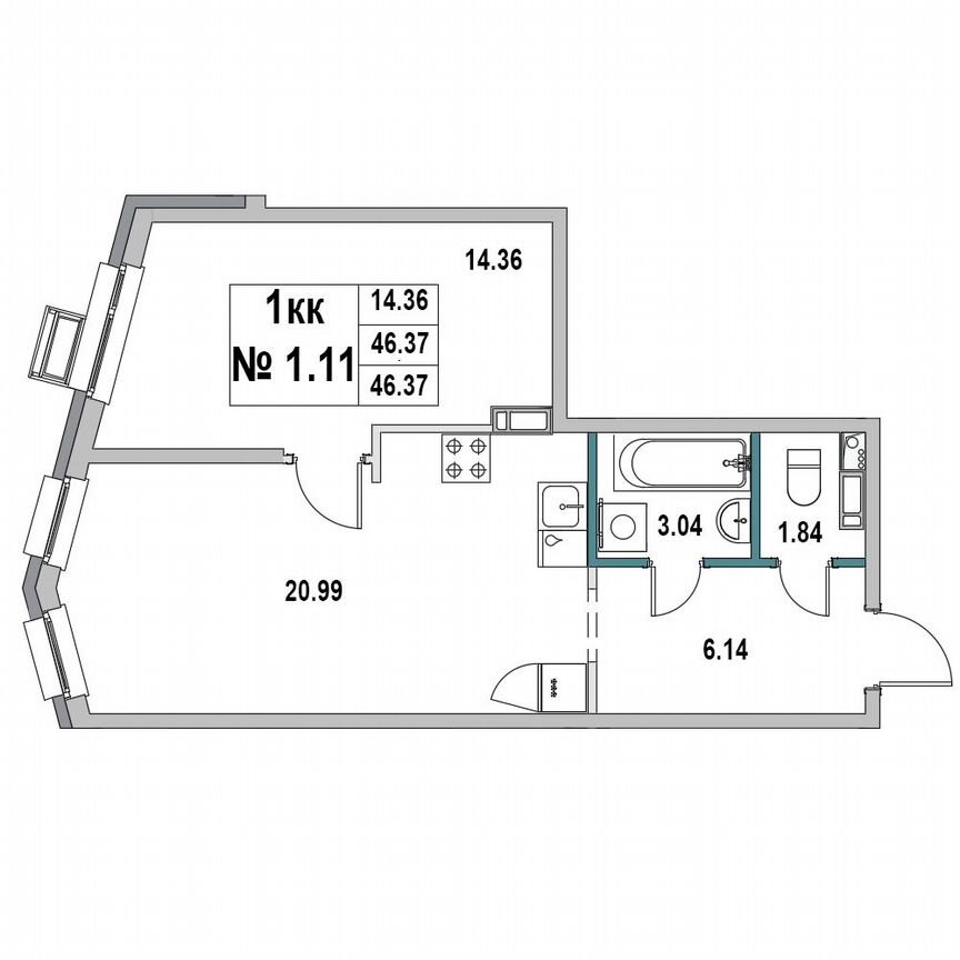 1-к. квартира, 46,4 м², 1/7 эт.