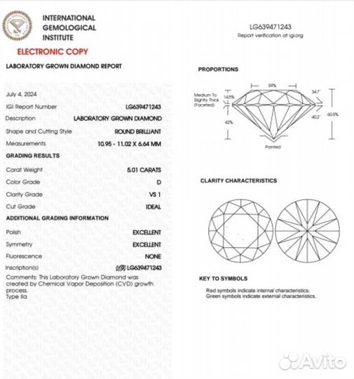 Золотое кольцо 5.01ct, D, vs1, IGI, CVD