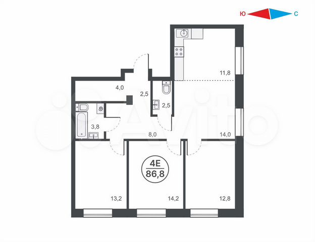 4-к. квартира, 86,8 м², 2/16 эт.