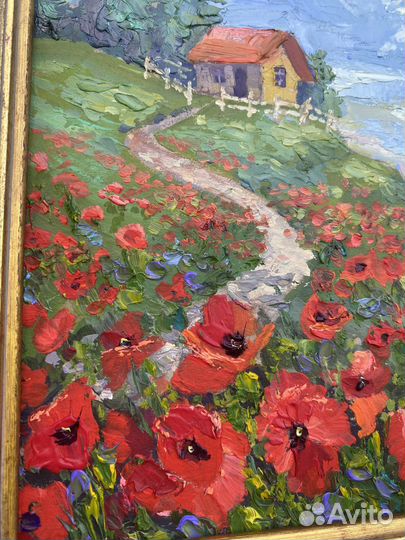 Картина-миниатюра маслом маковое поле