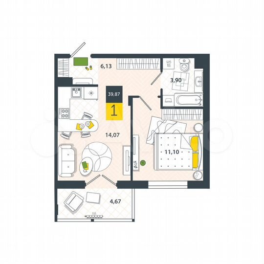 1-к. квартира, 39,9 м², 3/8 эт.