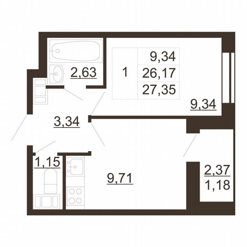 1-к. квартира, 27,4 м², 5/6 эт.