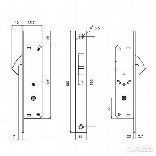 Замок врезной LR-201F для легких дверей крестообра
