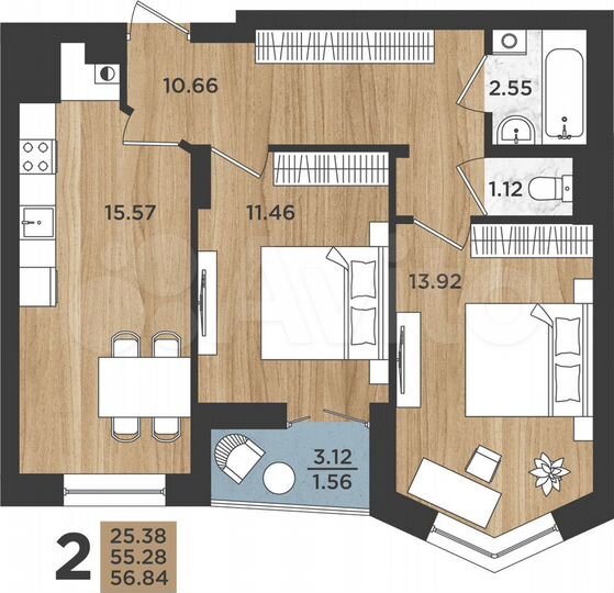 2-к. квартира, 56,8 м², 8/16 эт.