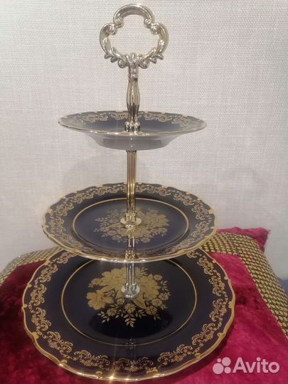 Ваза трехярусная Золотая роза кобальт Чехия