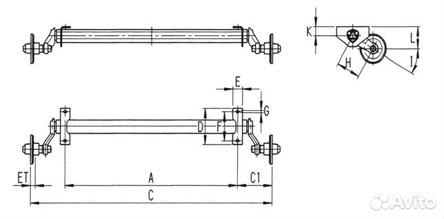 Резино-жгутовая ось прицепа 750 кг, усиленная, Раз