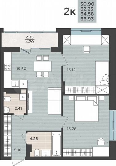2-к. квартира, 64,6 м², 6/9 эт.