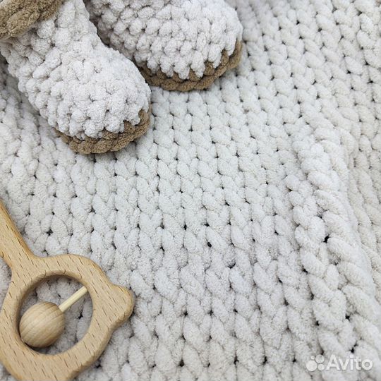 Детский плюшевый плед + пинетки 0-3 мес