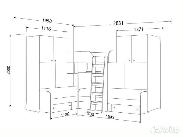 Кровать Трио с антресолями Дуб Молочный/Оранжевый
