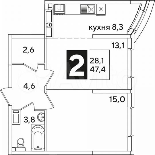 2-к. квартира, 47,4 м², 14/16 эт.