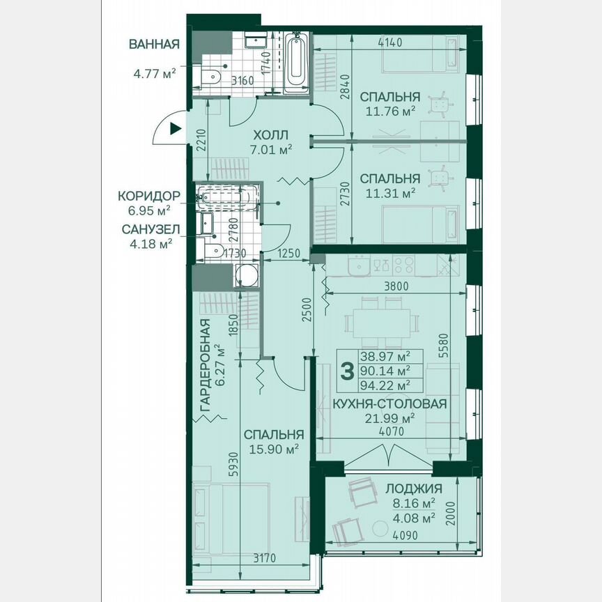 3-к. квартира, 90,3 м², 9/14 эт.