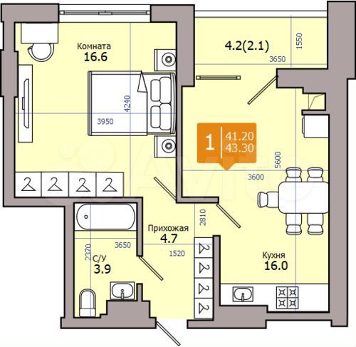 2-к. квартира, 43,3 м², 6/18 эт.