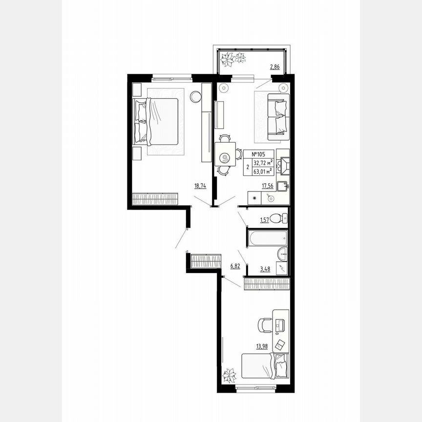 2-к. квартира, 63 м², 2/4 эт.