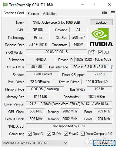 Видеокарта Palit GTX 1060 Jetstream 6gb Память Sam