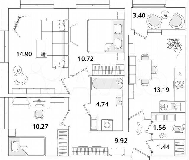 3-к. квартира, 68,4 м², 16/22 эт.