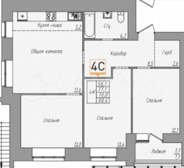 4-к. квартира, 77 м², 11/16 эт.